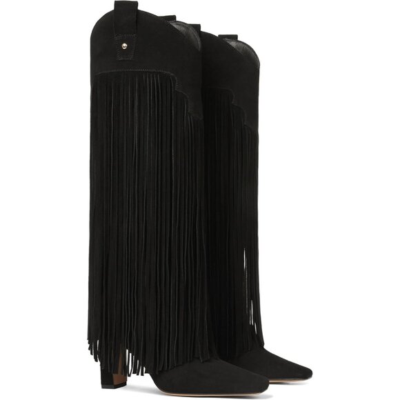 Women's Black Suede Knee High Fringe Boots Chunky Heel Tall Shoes Pull-On Party - Picture 2 of 6